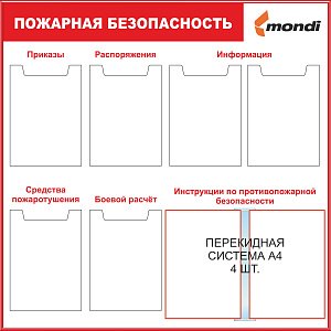 Стенд Пожарная безопасность  6 карманов А4 (плоские), перекидная система А4 на 4 рамки, Логотип (1000х1000; Пластик ПВХ 4 мм; Пластиковый красный)